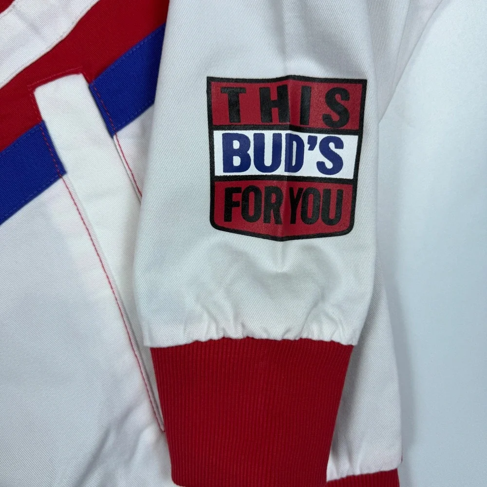Budweiser Bomber Jacket Mens Medium Red White Blue Varsity Snap Front NWT